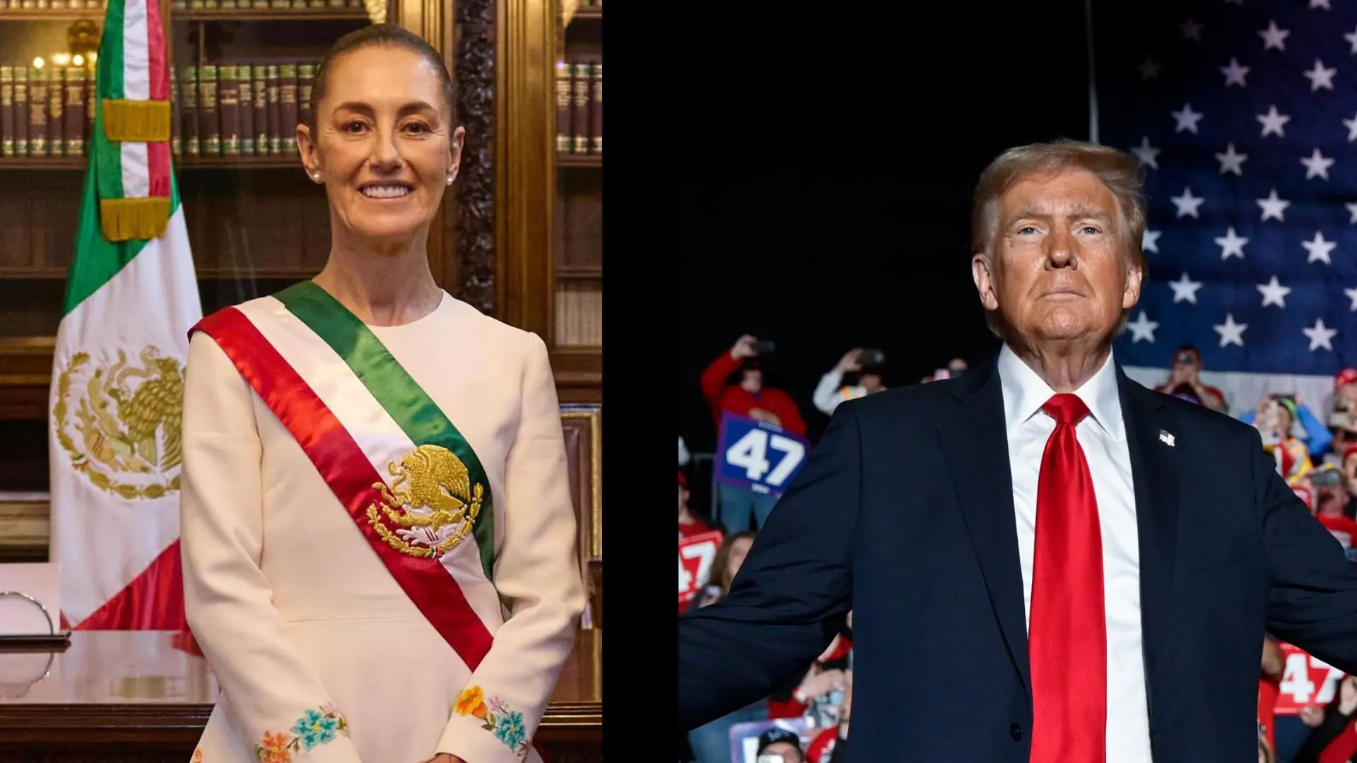 À esquerda, presidente do México,  Claudia Sheinbaum; à direita, presidente dos EUA, Donald Trump