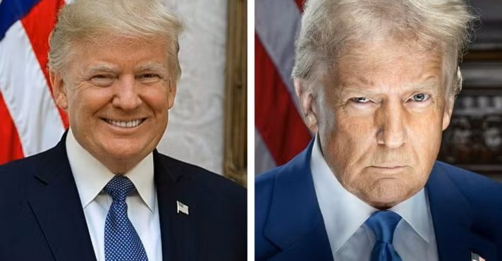 Fotos oficiais do governo Trump em 2017 (esq.) e 2025 (dir.)