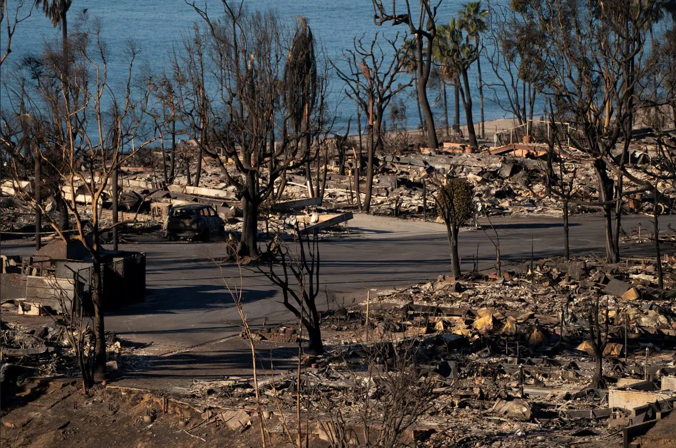 Imagem mostra os restos de casas queimadas pelo incêndio de Palisades, no bairro Pacific Palisades, em Los Angeles, Califórnia - 14/1/2025 | Foto: David Ryder/Reuters