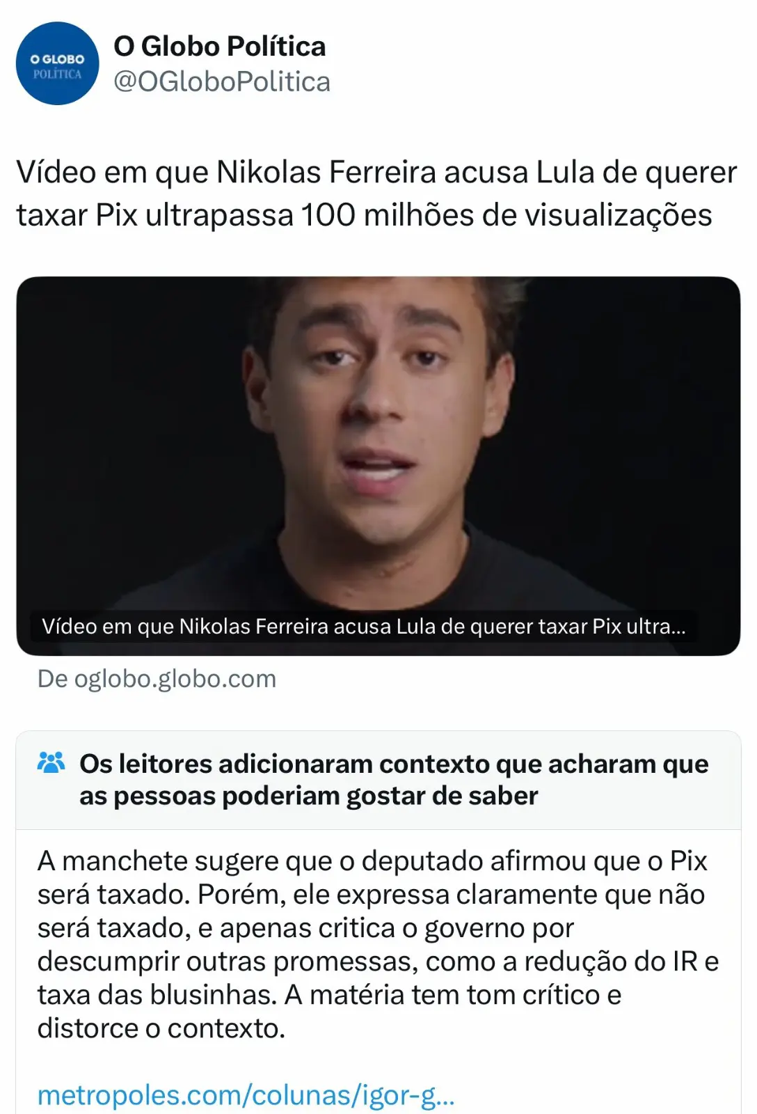 Alerta  no perfil do jornal O Globo dentro da plataforma Twitter/X | Foto: Reprodução/Twitter/X