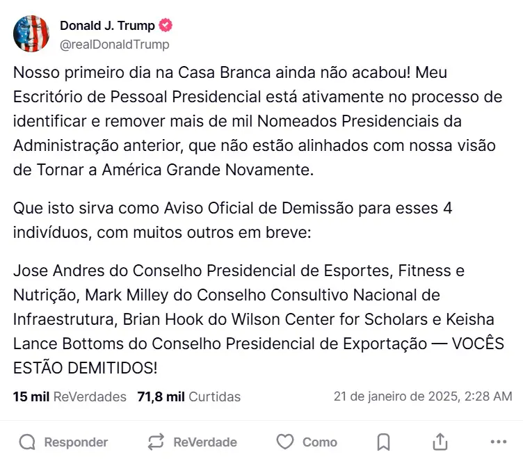 Trump também decretou o fim do <i>home office</i> para aproximadamente 1 milhão de funcionários públicos federais | Foto: Reprodução/Truth Social