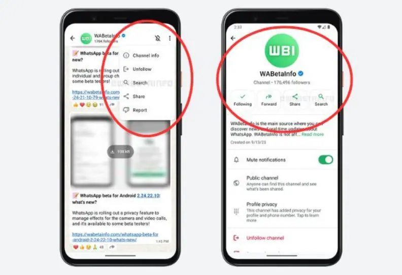 Para acessar a função de pesquisa, é necessário abrir o canal desejado, clicar nos três pontos no canto superior direito e selecionar o ícone de busca | Foto: Reprodução/WABetaInfo