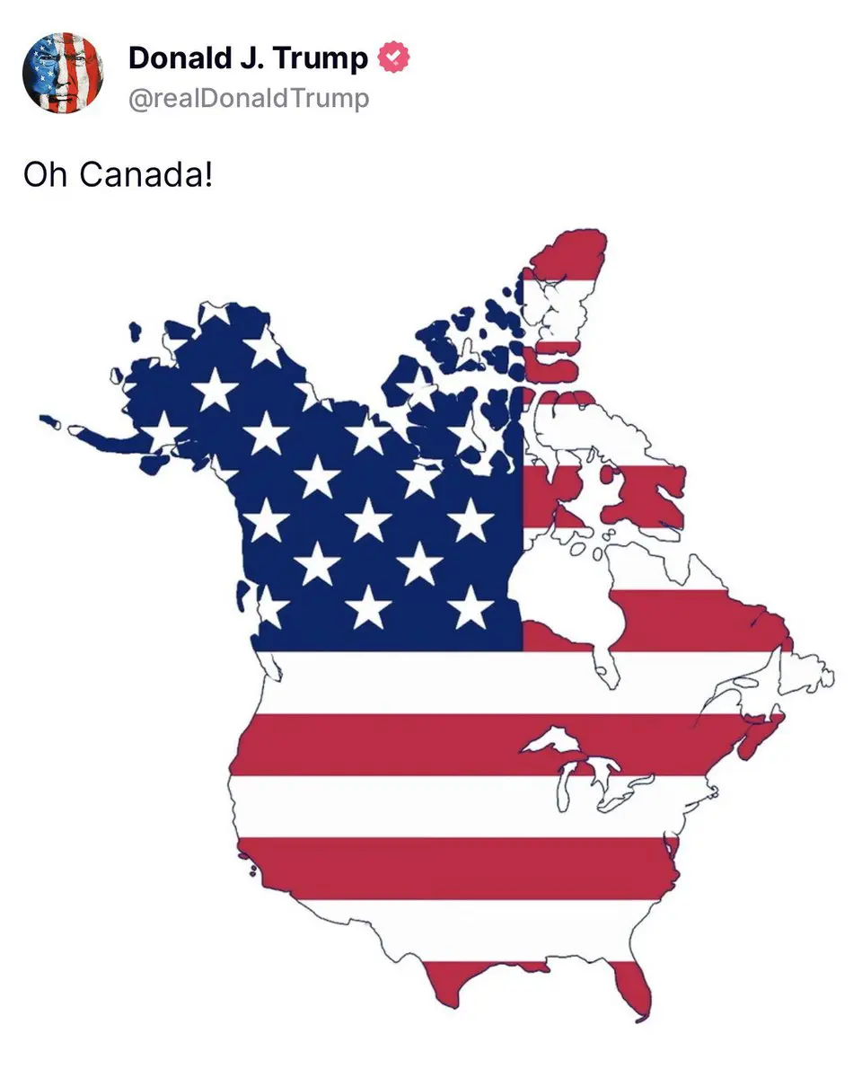 Trump publica nas redes sociais mapa em que Canadá aparece como parte dos Estados Unidos | Foto: Reprodução/X