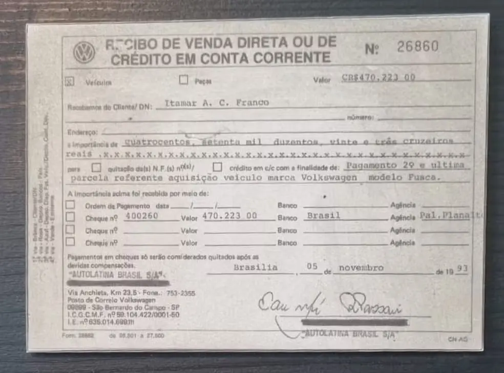 Nota fiscal do Fusca comprado por Itamar Franco em 1993 | Foto: Divulgação/Memorial da República