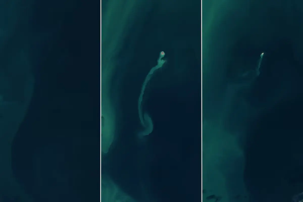 Imagens de satélite feitas na mesma região do Mar Cáspio em 2022, 2023 e 2024 revelam o surgimento e o posterior desaparecimento da ilha | Foto: Nasa