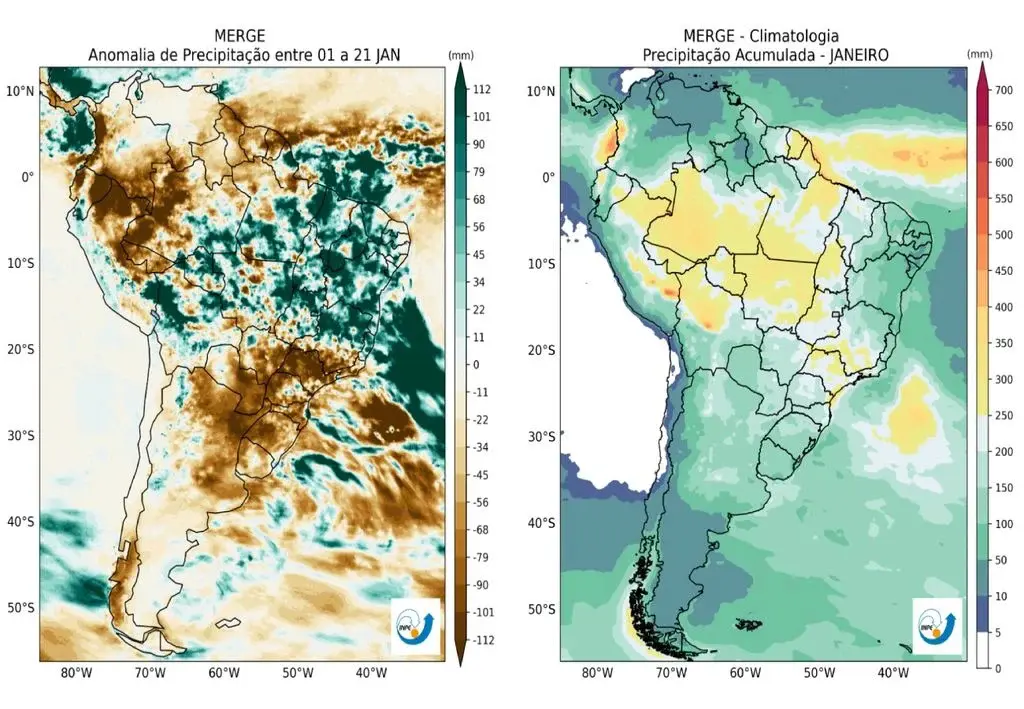 Potencial de chuva aumenta sobre as regiões Sudeste e Centro-Oeste na virada do mês de janeiro