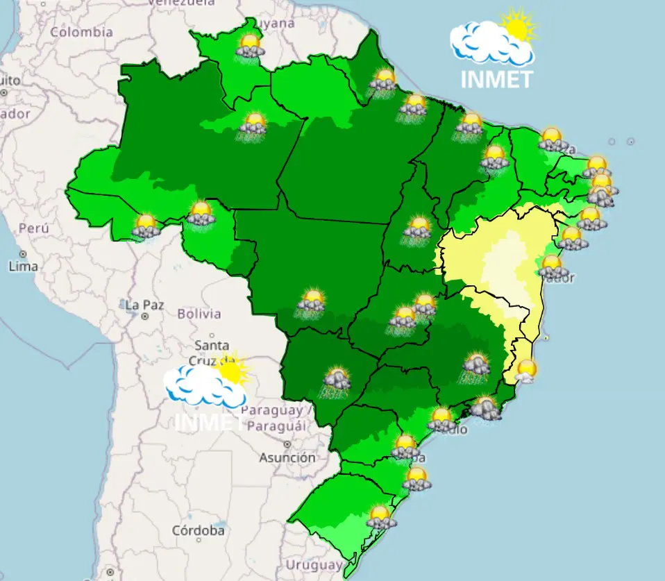 Apenas Espírito Santo e Bahia não tem previsão de chuvas nesta quarta-feira, 29