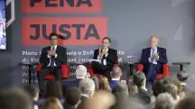 Marcaram presença no lançamento do programa da Justiça, da esquerda para a direita: o procurador-geral da República, Paulo Gonet; o presidente do STF e do CNJ, ministro Luís Roberto Barroso; e o ministro da Justiça e Segurança Pública, Ricardo Lewandowski