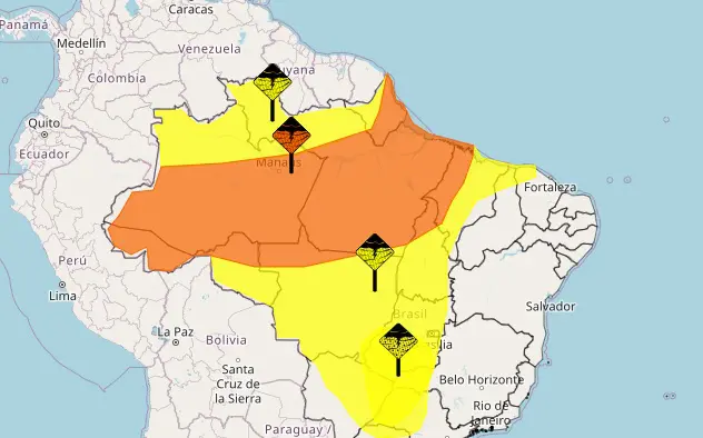 Alerta do instituto para chuvas no Brasil