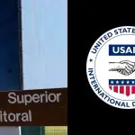 À esquerda, fachada do TSE; à direita, logo da Usaid