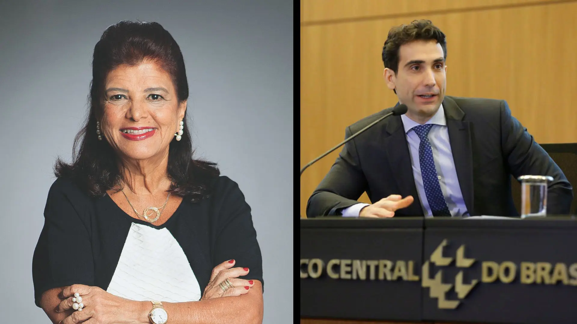 À esquerda, a empresária Luiza Trajano; à direita, o presidente do Banco Central, Gabriel Galípolo. Ela pediu que ele não anuncie aumentos dos juros