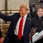 Da esquerda para a direita: o empresário Elon Musk; o presidente dos Estados Unidos, Donald Trump; e o presidente da Argentina, Javier Milei