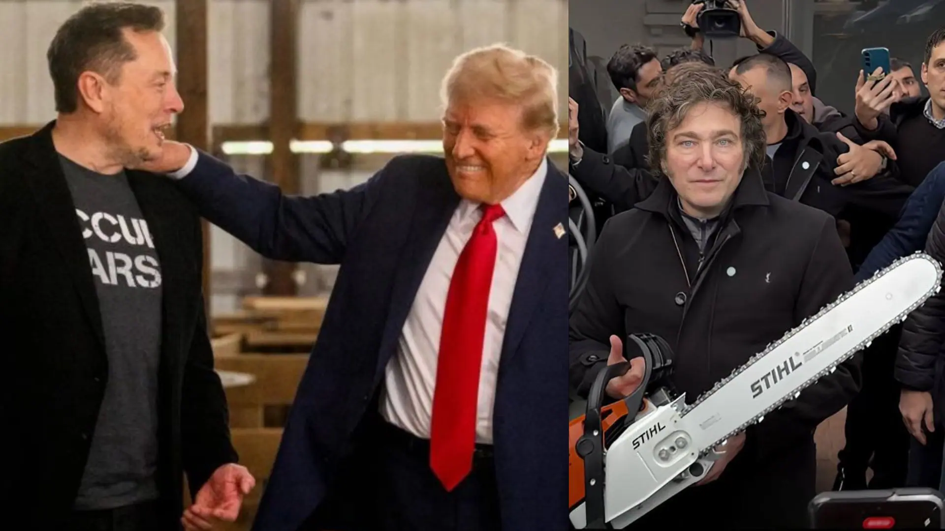 Da esquerda para a direita: o empresário Elon Musk; o presidente dos Estados Unidos, Donald Trump; e o presidente da Argentina, Javier Milei