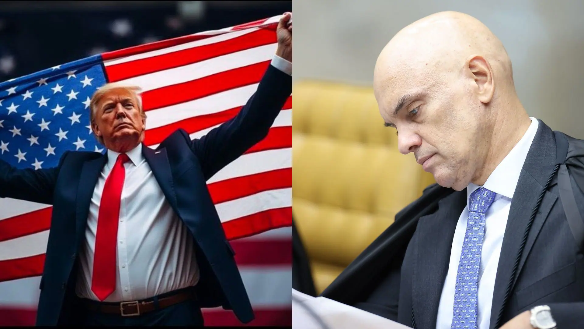À esquerda, presidente dos EUA, Donald Trump; à direita, ministro do STF, Alexandre de Moraes