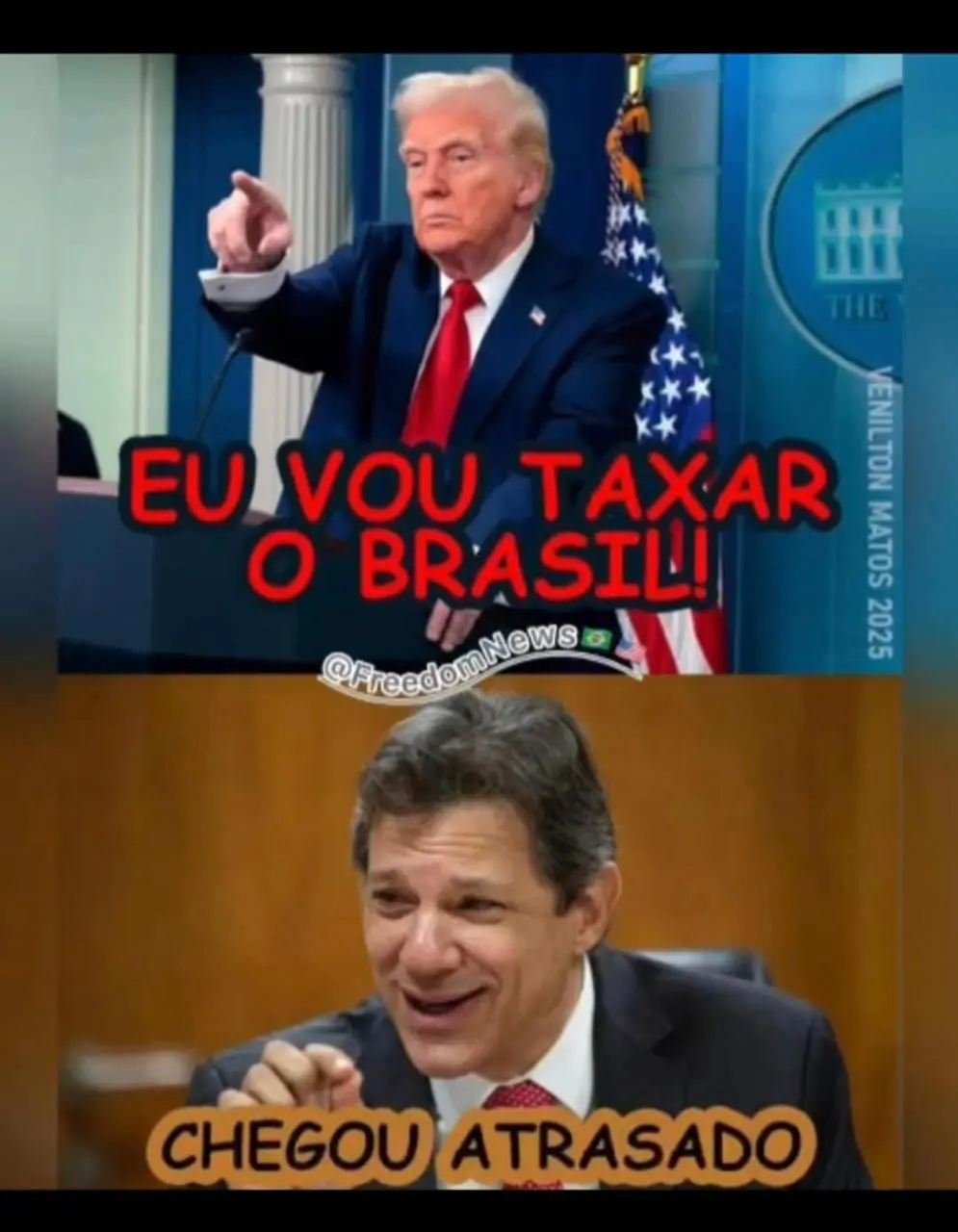 Em meme nas redes sociais, Haddad rebate Trump sobre taxação no Brasil: 'Chegou atrasado' | Foto: Reprodução/Redes sociais