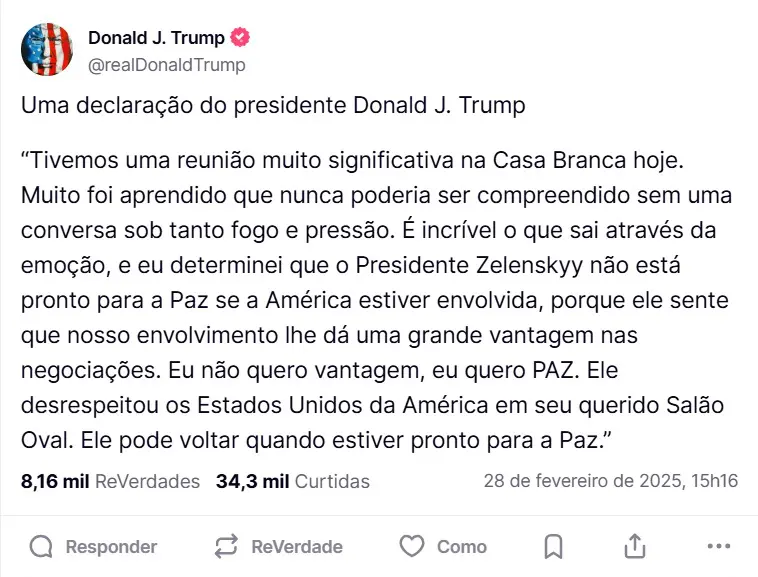 Pronunciamento de Trump na Truth Social | Foto: Reprodução/Redes sociais