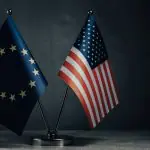 Bandeiras dos EUA e da União Europeia, bloco da Europa