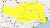 Área em amarelo corresponde aos locais sob a vigência do alerta do Inmet para tempestade
