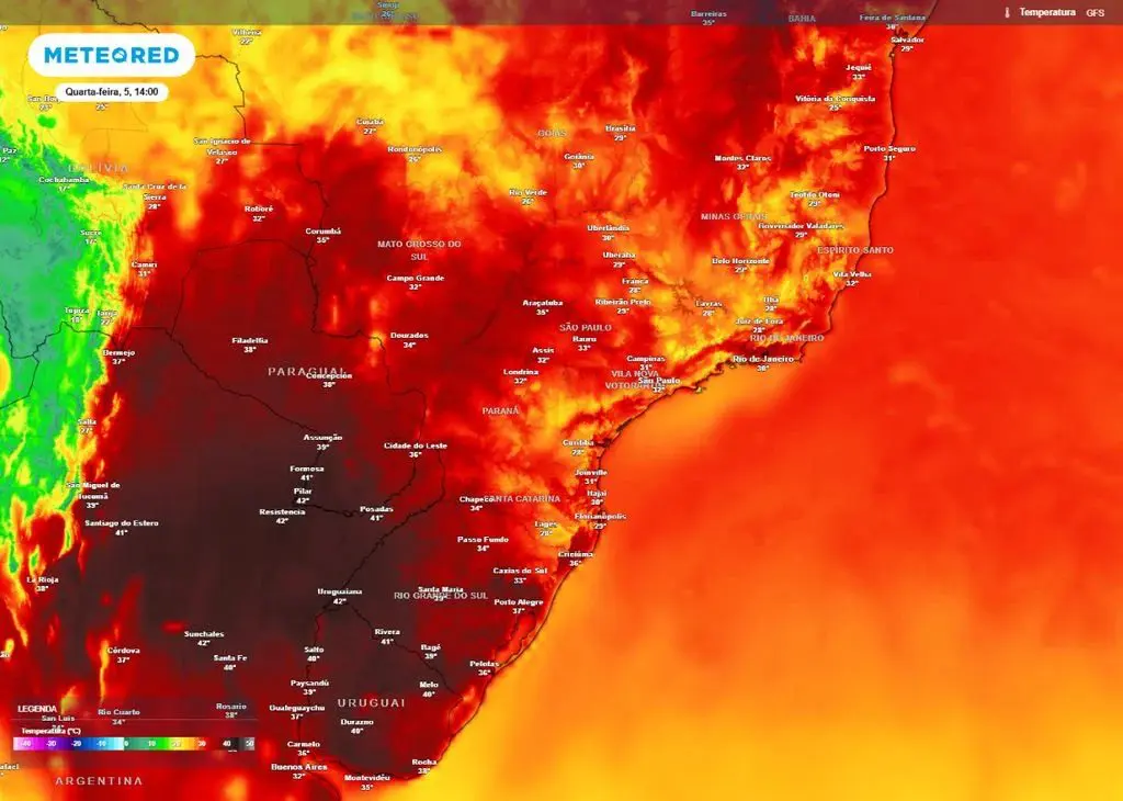No Paraná e no interior de São Paulo, o calor segue intenso, com máximas entre 33°C e 36°C | Foto: Divulgação/Meteored