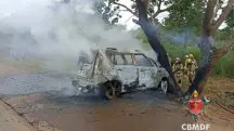 Depois de se chocar com uma árvore, carro pegou fogo; Polícia Civil investiga acidente que matou duas pessoas em rodovia do Distrito Federal | Foto: Corpo de Bombeiros do DF/Divulgação
