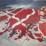 Pintura nas paredes do local da exposição: críticas ao governo dinamarquês pelo tratamento dado aos animais | Foto: Reprodução/Redes sociais