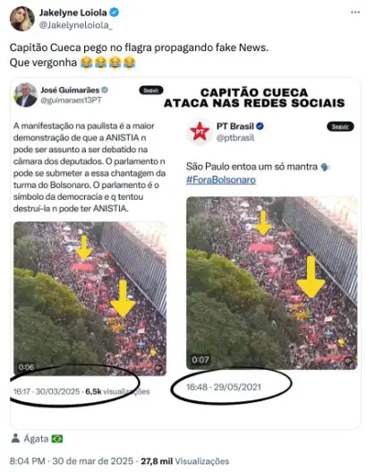 O petista postou as imagens com o objetivo de criticar o projeto da anistia dos presos pelos atos de 8 de janeiro | Foto: Reprodução/X