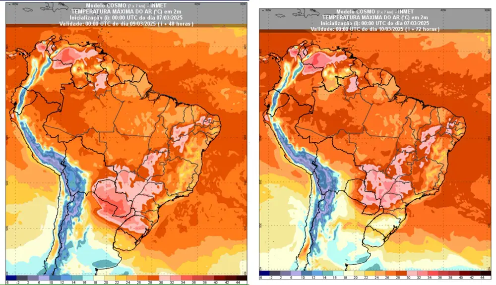 Mapa de calor domingo, 9, e segunda, 10, mostra o clima nesses dias