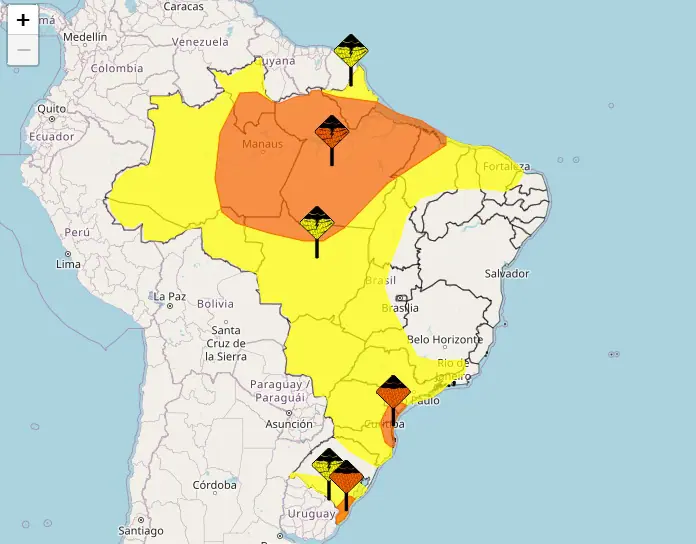 Mapa completo do Brasil mostra áreas com possibilidade de chuva, segundo o Inmet