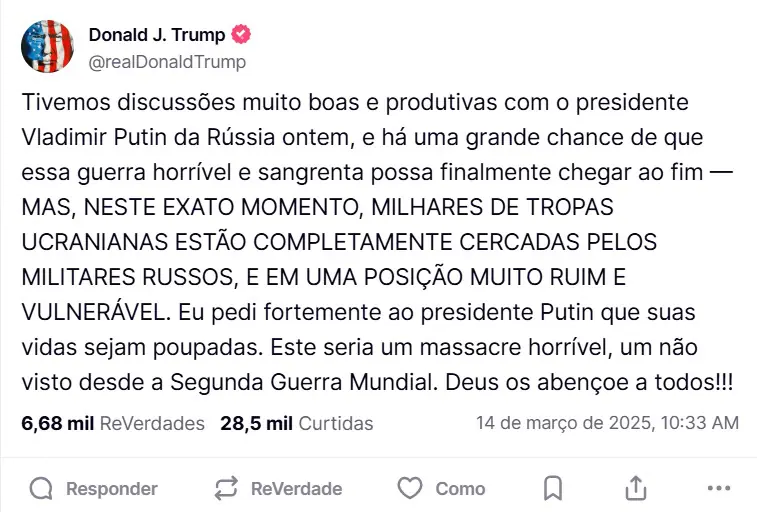 Trump tem afirmado repetidamente que deseja um cessar-fogo e que o conflito entre Rússia e Ucrânia acabe | Foto: Reprodução/Redes sociais