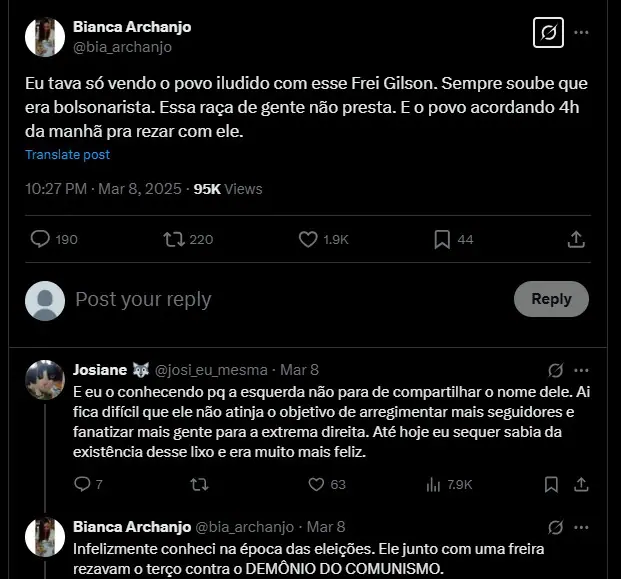 Os ataques sofridos por Frei Gilson nas redes sociais | Foto: Reprodução/X