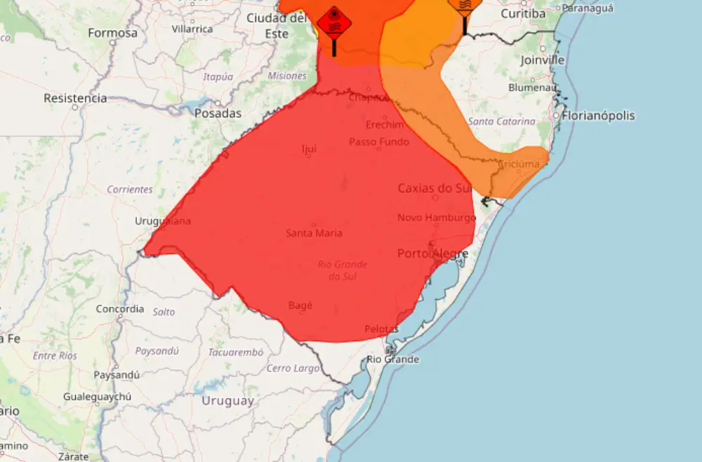 mapa do Sul do Brasil calor