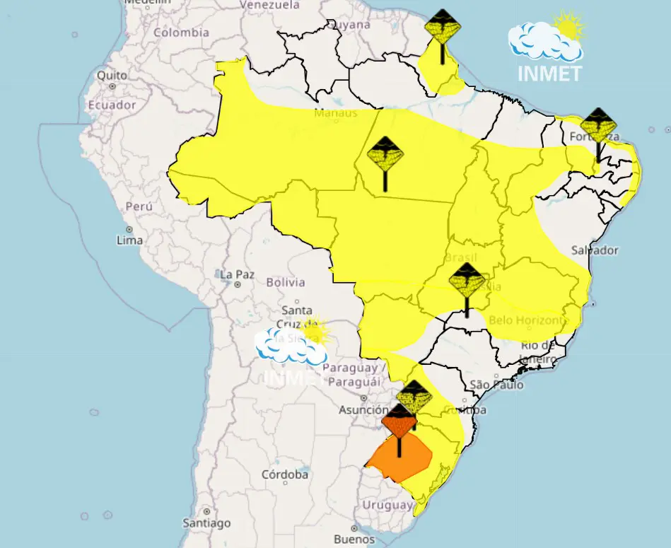 Rio Grande do Sul tem alerta do Inmet sobre tempestades
