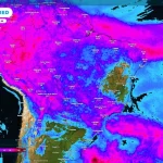 Previsão de chuva acumulada entre a sexta-feira (14) e domingo (16), influenciada por frente fria