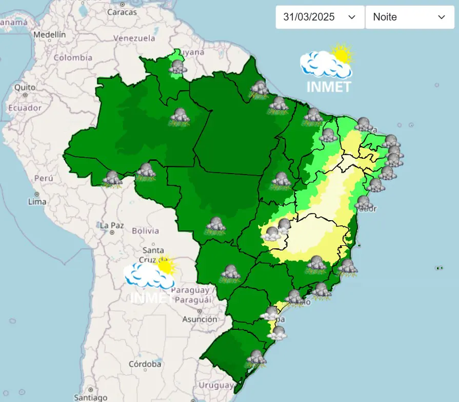 previsão do tempo com chuva - 31 de março de 2025 - noite