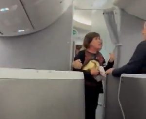Os comissários de bordo da American Airlines interpretaram a ação como uma tentativa de invasão e rapidamente imobilizaram a mulher para evitar qualquer avanço | Foto: Reprodução/Redes sociais