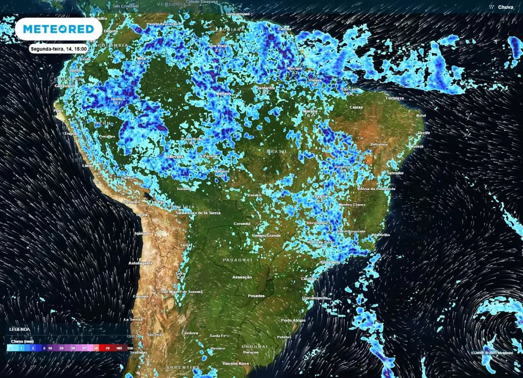 Já na segunda-feira 14, o cenário será marcado por ampla nebulosidade sobre o Sul, o Sudeste e o Centro-Oeste | Foto: Reprodução/Meteored