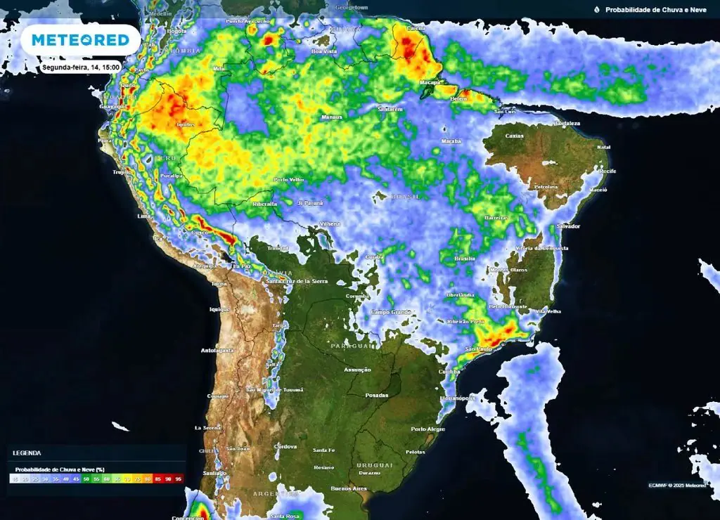 Goiás e Mato Grosso também seguem com instabilidade, mas com menor gravidade e menor chance de transtornos | Foto: Reprodução/Meteored