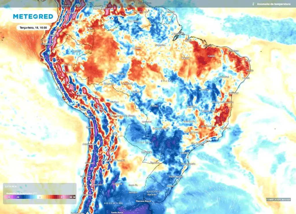 Esse ar mais frio se estende sobre Santa Catarina e sobre o Paraná ainda no começo da semana | Foto: Reprodução/Meteored