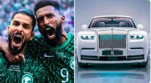 Em 2022, governo saudita presenteou cada jogador da seleção com um carro avaliado em R$ 15 milhões como prêmio pela vitória sobre a Argentina, na Copa do Mundo: retrato simbólico do excedente de riqueza | Foto: Reprodução/Twitter/X