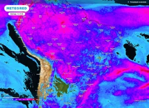 Previsão do acumulado de chuvas entre a sexta-feira (11) e domingo (13), de acordo com o ECMWF.