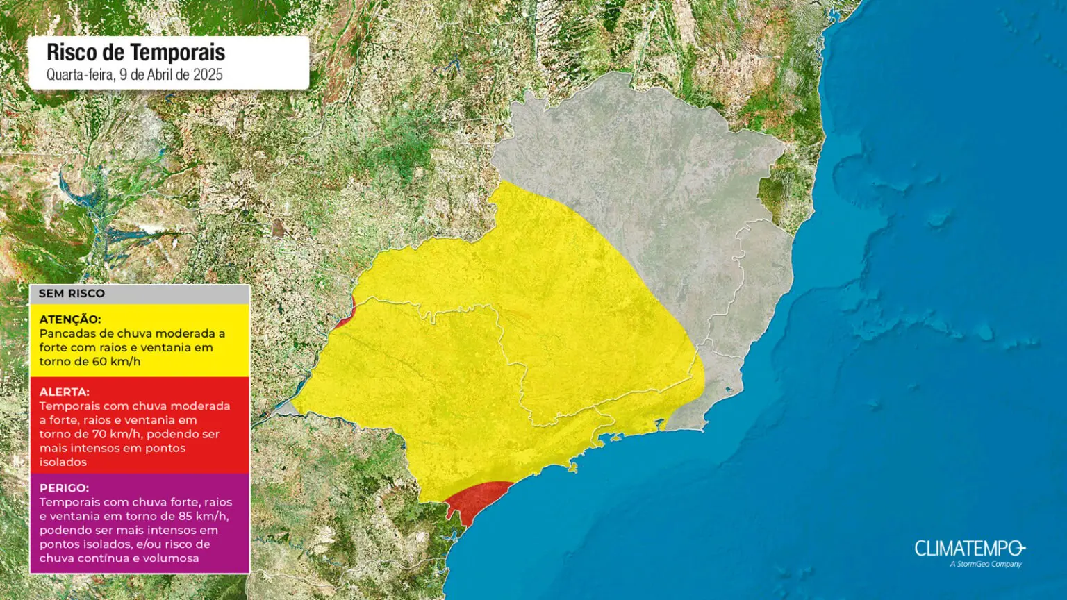 Mapa de risco desta quarta-feira 09 de abril de 2024. Fonte: Climatempo.