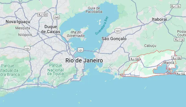 Mapa mostra Maricá (em vermelho) e o Rio de Janeiro