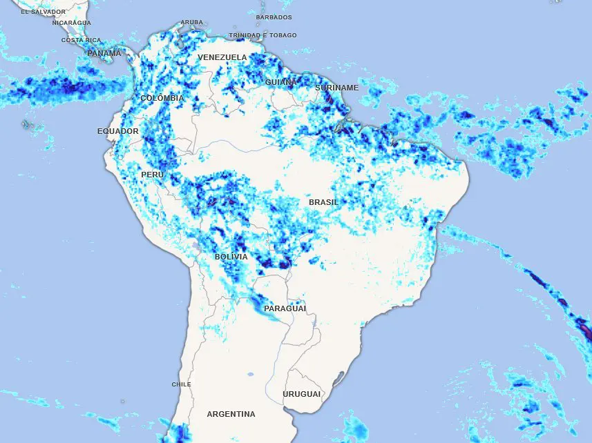 Mapa mostra possibilidade de temporais sobre o Brasil na tarde desta terça-feira, 22 | Imagem: Meteored/Reprodução