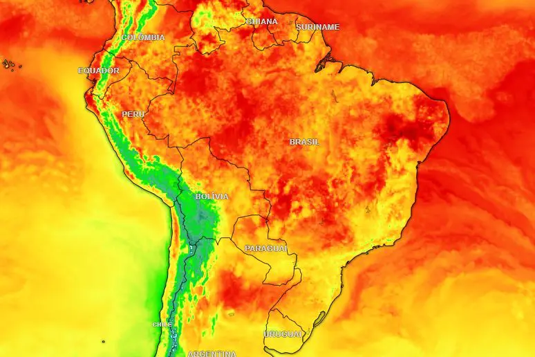Mapa de temperatura indica manhãs frias no Sul e Sudeste do Brasil, com máximas moderadas à tarde; calor segue intenso nas regiões Norte e Nordeste | Imagem: Meteored/Reprodução