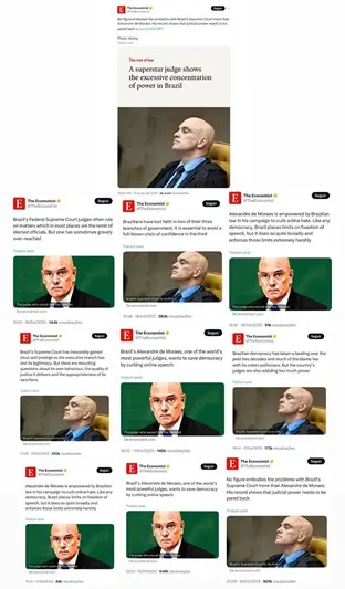 The Economist compartilha 13 vezes publicação sobre Moraes e STF