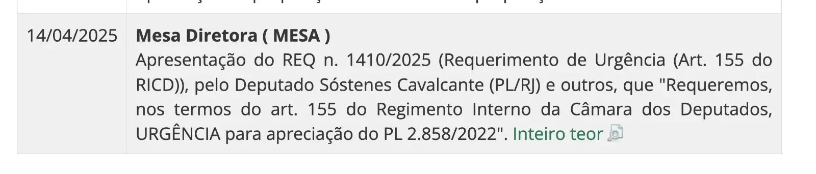 Registro do requerimento de  urgência da anistia protocolado na Câmara dos Deputados 