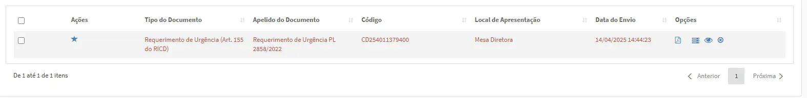 Registro do requerimento de  urgência da anistia protocolado na Câmara dos Deputados 
