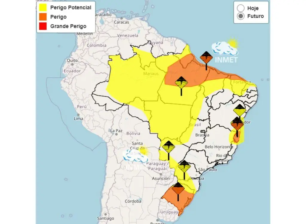 INMET emite alertas amarelo e laranja para 21 estados brasileiros.
