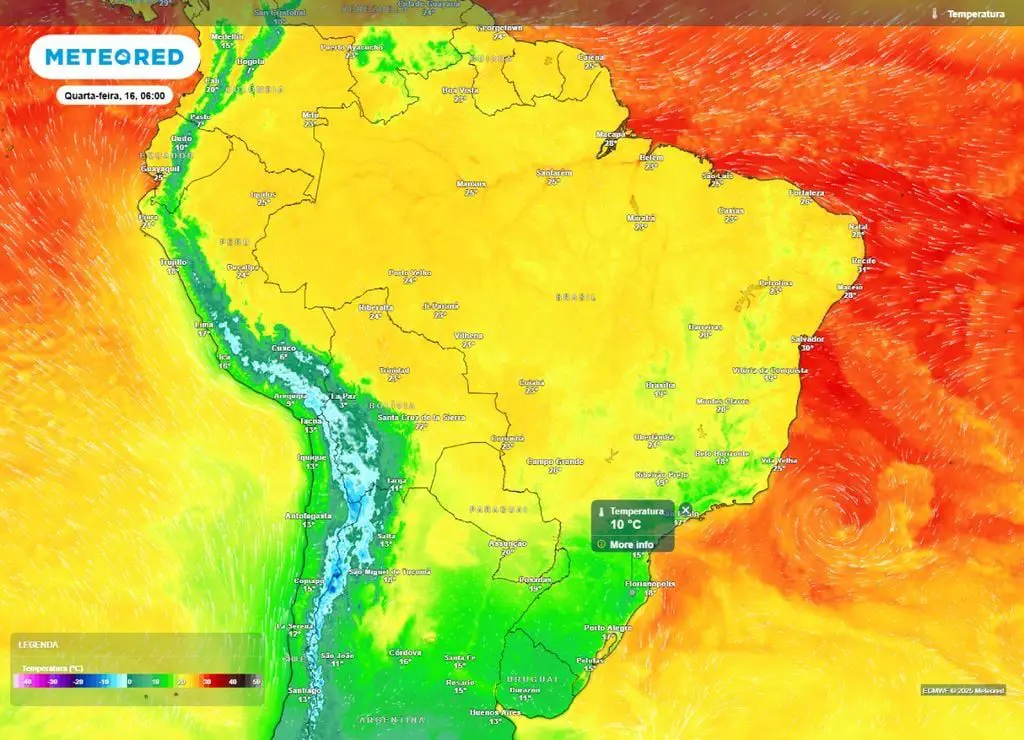 Temperatura mínima prevista para a manhã de quarta-feira (16), segundo o modelo ECMWF.