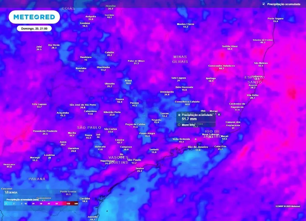 Previsão do acumulado de chuva entre a sexta-feira (17) e domingo (20) para o Sudeste, de acordo com o ECMWF.
